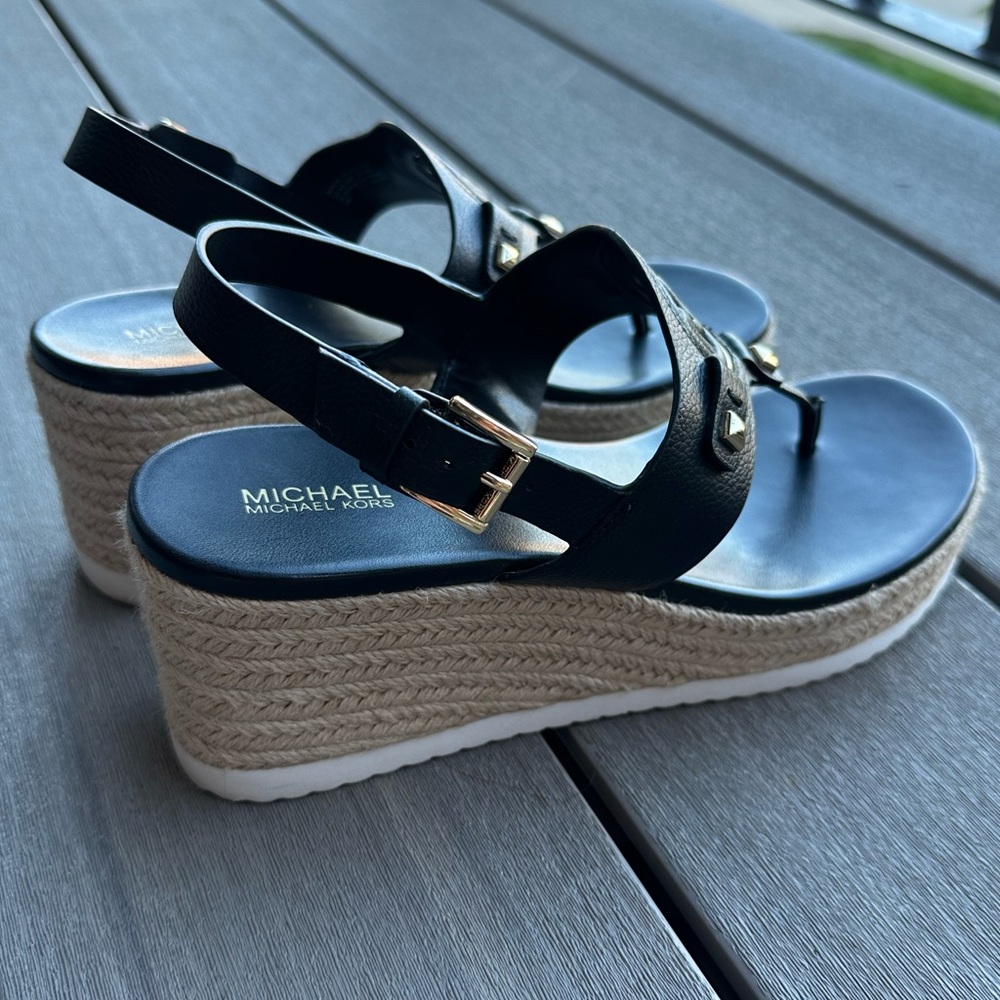 Michael Kors - Like New - Aubrey Cutout Leather Wedge Black Sandal Espadrille 8